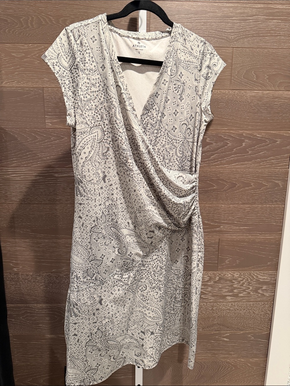 Athleta Cream and Gray Paisley Wrap Dress